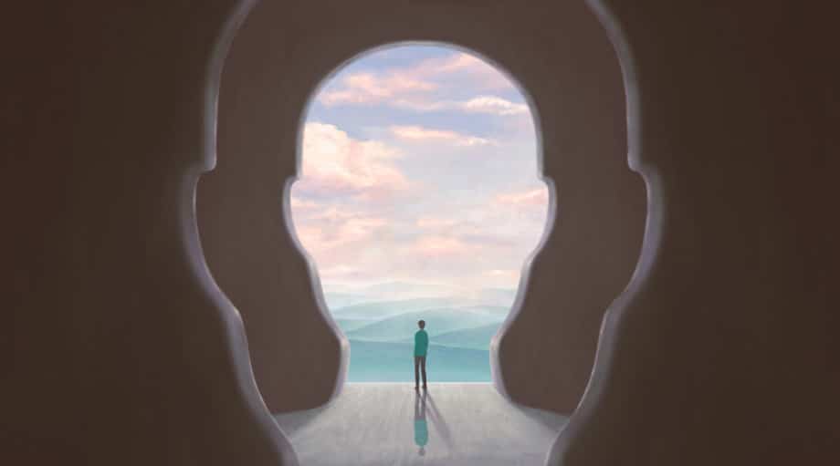 conceptual painting of a man in a fantasy-style double arch, with a mountain range beyond