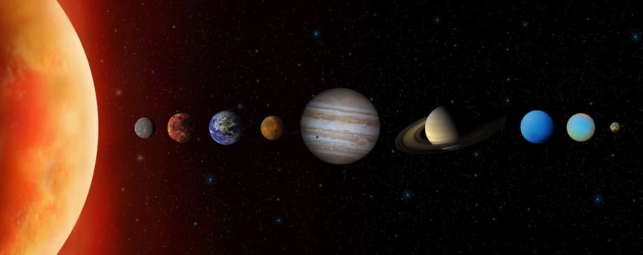 Sun and all planets of the Solar System. From left to right: Sun, Mercury, Venus, Earth, Mars, Jupiter, Saturn, Uranus, Neptune, Pluto. The scale of the planets is not absolutely accurate. Some photos of the Planets used thanks to the NASA archive: www.nasa.gov.