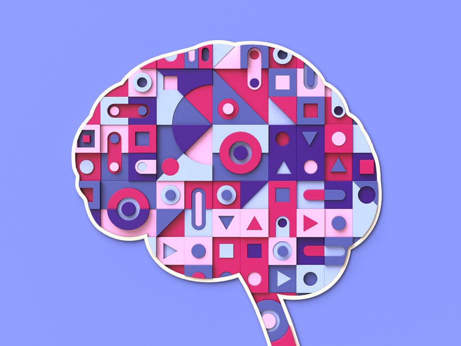 Digital generated image of brain filled with multi coloured block shapes.