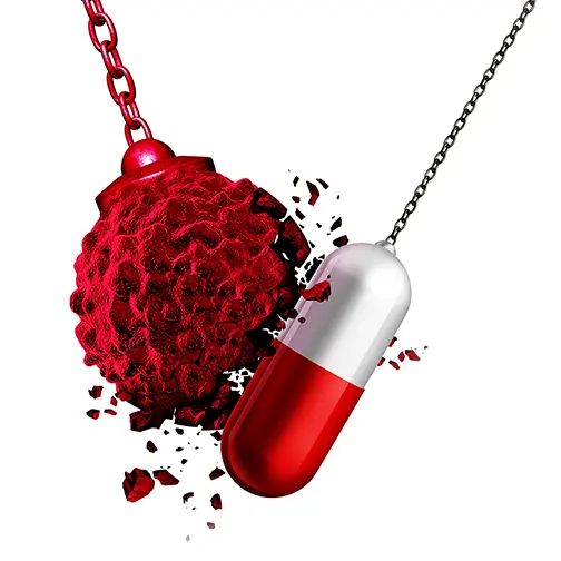 wrecking ball smashing apart on a medicine capsule hanging from a chain