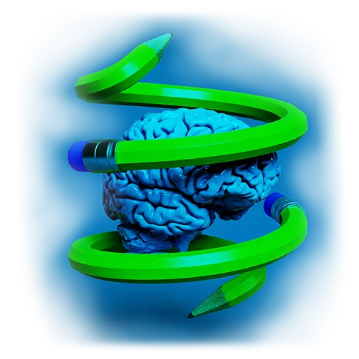 An abstract representation of a brain with two green pencils that spiral outward from the central brain shape, indicating a sense of growth or expansion.