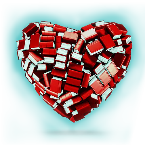 A heart composed of red books. The books are stacked in such a way that they form the shape of a heart.