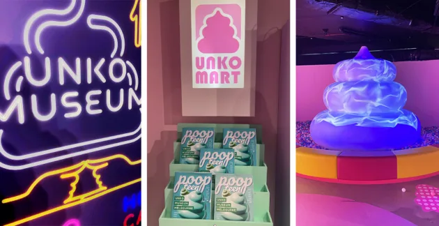 A collage of three images side by side: the leftmost picture is of a neon sign that says 'Unko Museum' outlined by a cartoonish poop. The middle picture is of a magazine display stand. The illuminated sign above the display rack says 'Unko Museum' with a stylised pink poop above it. The magazines in the rack are all the same – they are called 'Poop Teen' and feature mint green poops on the cover. The final picture is of a giant cobalt blue poop statue with lighter blue scribbles of light on it. The coloured plastic balls on the sides of the image suggest the statue is in a ball pit, which it is.