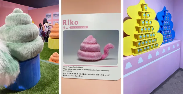 A collage of three images side by side: The leftmost image is of a furry poop animal with a big fluffy tail – the animal is light green. At the right edge of the picture you see two similar poop animals in orange. The middle picture is of a sign that features a pink furry poop animal, which tells us the animal is named Riko. The sign says: Genus: Poopingus treeclimbingus. A poop Animal found in trees. It often has puffy cheeks from stuffing down walnuts. This message is translated into Japanese below the English. The third picture is of a display of cans at the Unko Mart. On the left are yellow cans stacked in a pyramid against a yellow cardboard poop background. On the right is the same, but everything is blue. Both displays are on a baby pink ledge. The wall beneath has white poop emojis stencilled on it.