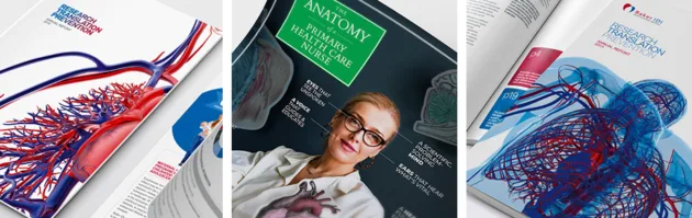 Three images side by side. The first is the cover of a Baker IDI annual report, showing an illustration of the heart and blood vessels. The second is an advertisement from an advertising campaign called The Anatomy of a Primary Health Care Nurse, which includes a photo of a woman surrounded by anatomical illustrations. The third is a Baker IDI annual report, showing an abstract representation of a person's blood vessels.