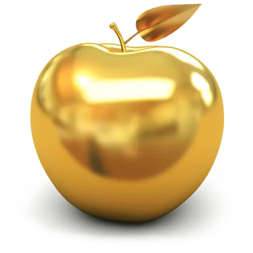 A shiny, metallic golden apple with gold stem and gold leaf