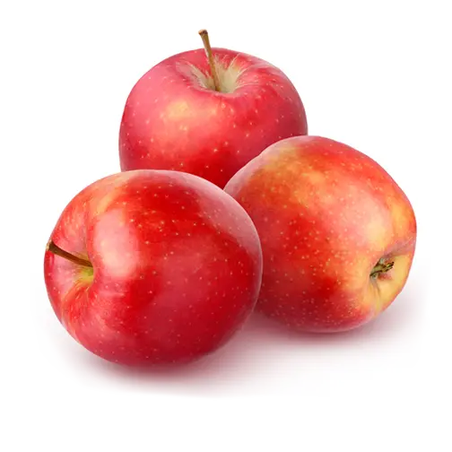 Three red apples with stems in a small pile or group