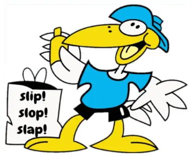 A cartoon bird dressed in a blue hat and shirt and black shorts is smiling wide while waving his wing over a paper bag on the ground with the words printed on the side: 'Slip! Slop! Slap!' representating a suncare campaign